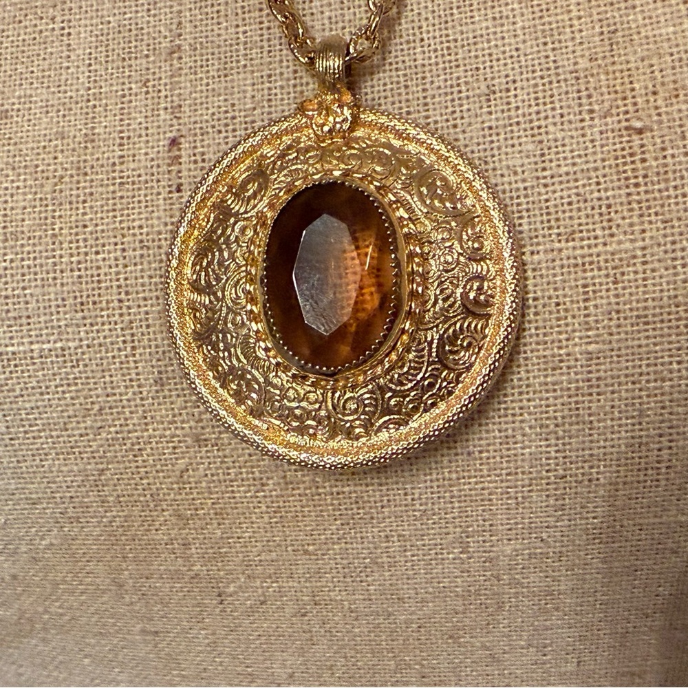 EMMONS NECKLACE LONG ROPE CHAIN 26” LARGE PENDANT TOPAZ COLOR CENTER VINTAGE